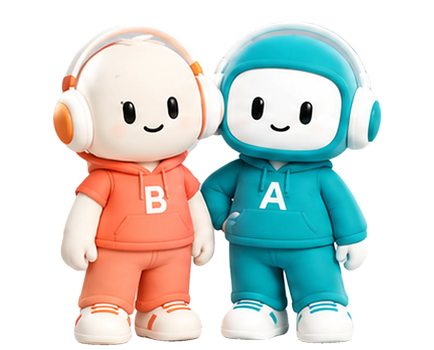 A2B's mascots side by side: B in an orange vest and A, the teal AI, with an arm around B, both wearing headphones